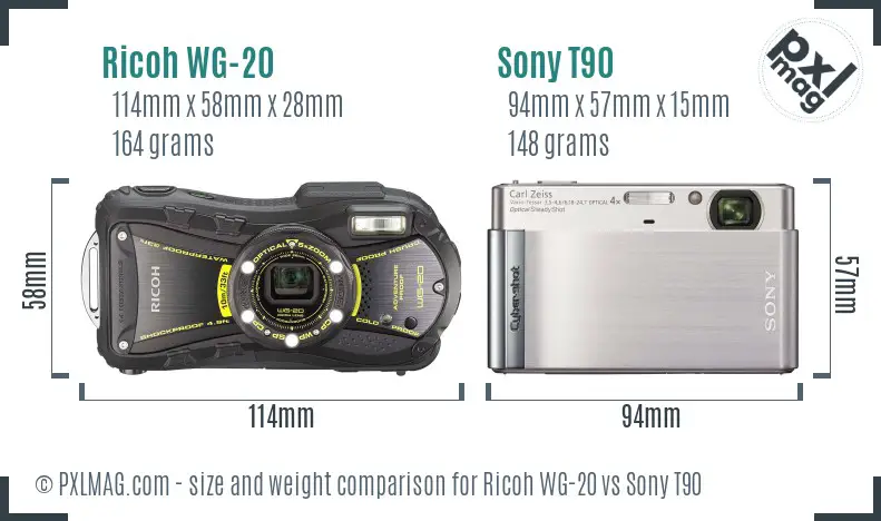 Ricoh WG-20 vs Sony T90 size comparison