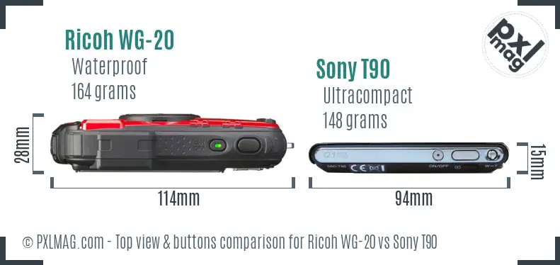 Ricoh WG-20 vs Sony T90 top view buttons comparison