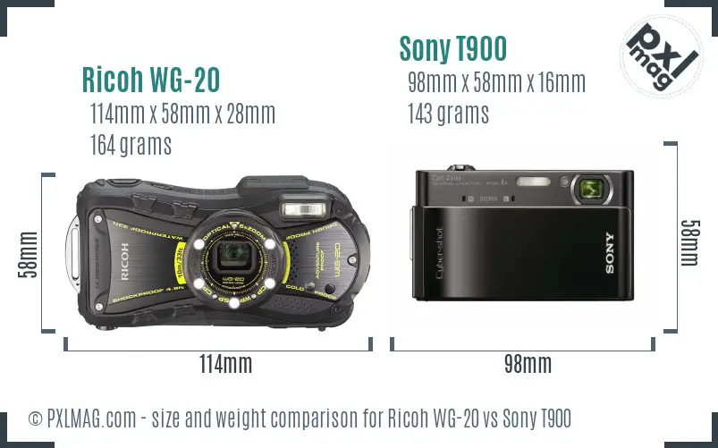 Ricoh WG-20 vs Sony T900 size comparison