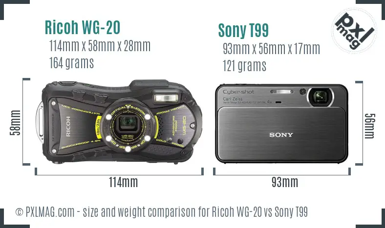 Ricoh WG-20 vs Sony T99 size comparison