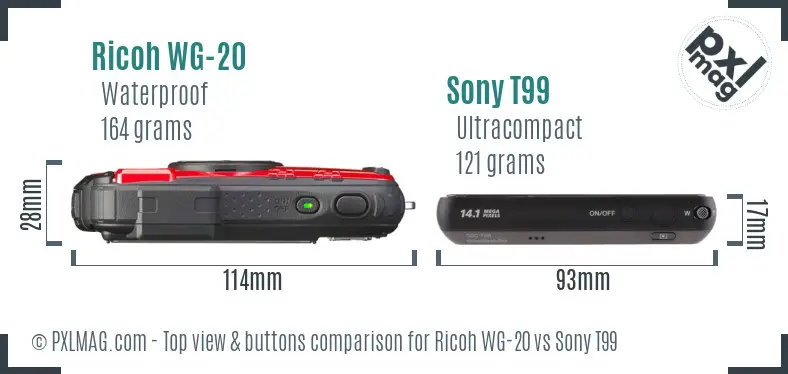 Ricoh WG-20 vs Sony T99 top view buttons comparison