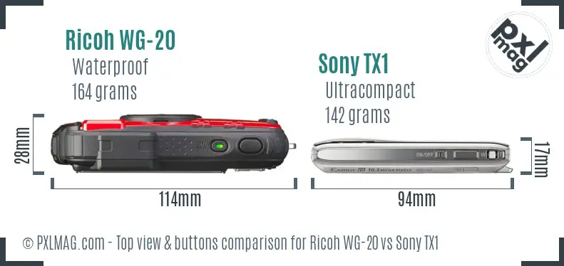 Ricoh WG-20 vs Sony TX1 top view buttons comparison