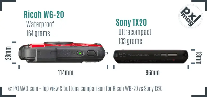Ricoh WG-20 vs Sony TX20 top view buttons comparison
