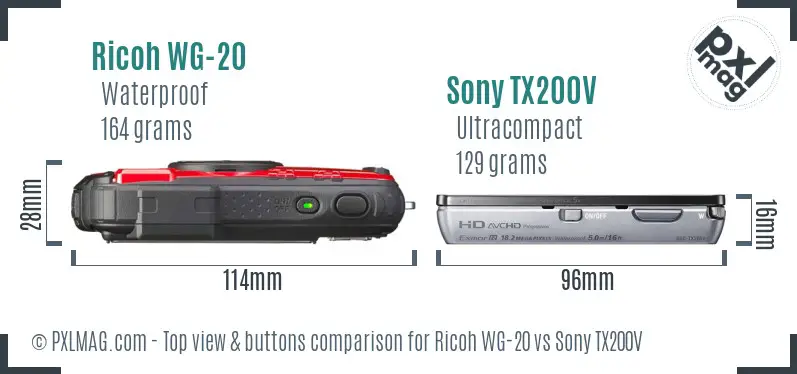 Ricoh WG-20 vs Sony TX200V top view buttons comparison