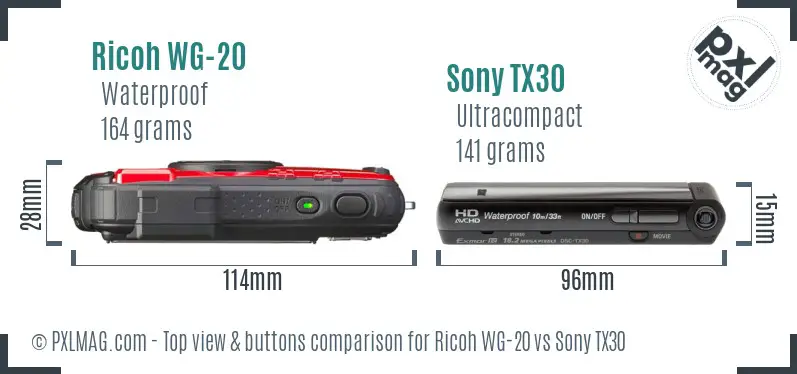 Ricoh WG-20 vs Sony TX30 top view buttons comparison