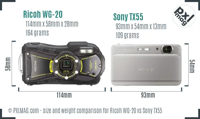 Ricoh WG-20 vs Sony TX55 size comparison