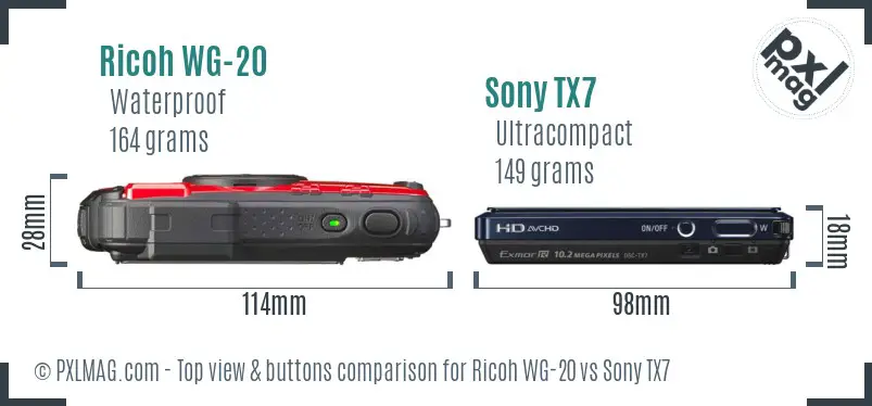 Ricoh WG-20 vs Sony TX7 top view buttons comparison