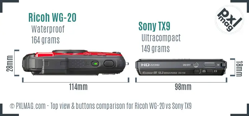 Ricoh WG-20 vs Sony TX9 top view buttons comparison