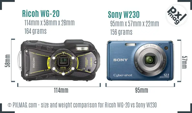 Ricoh WG-20 vs Sony W230 size comparison