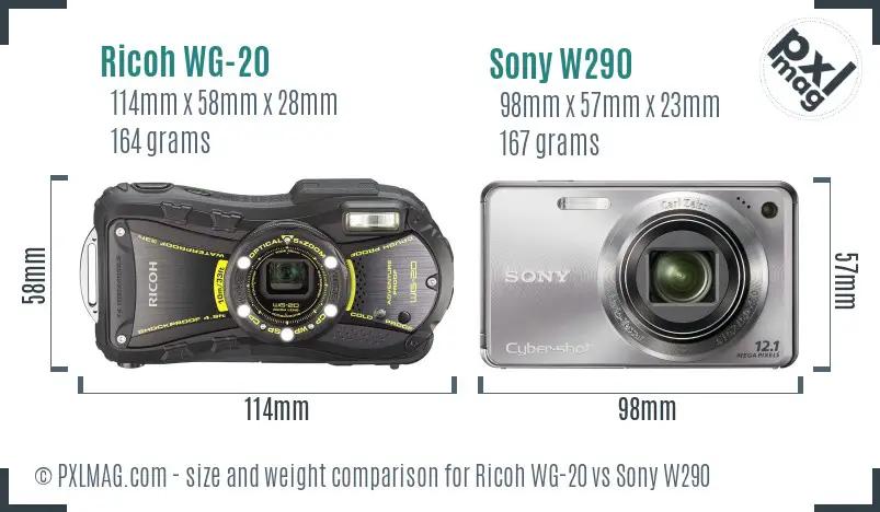 Ricoh WG-20 vs Sony W290 size comparison