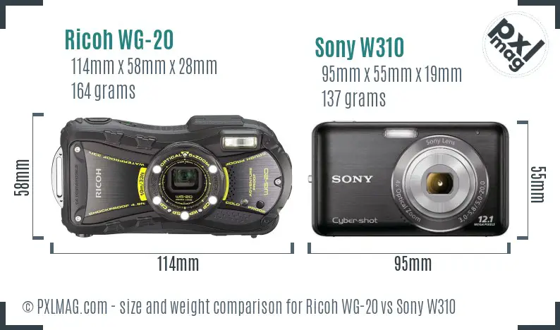 Ricoh WG-20 vs Sony W310 size comparison