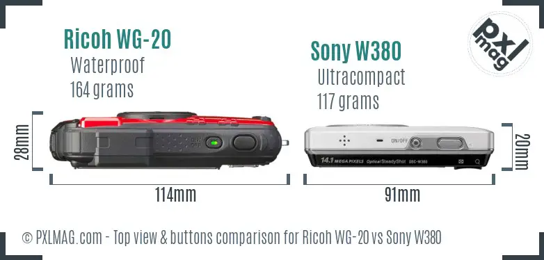 Ricoh WG-20 vs Sony W380 top view buttons comparison