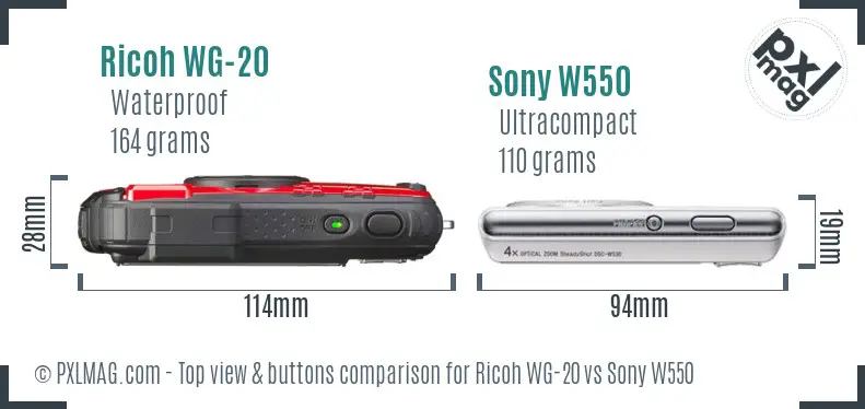Ricoh WG-20 vs Sony W550 top view buttons comparison