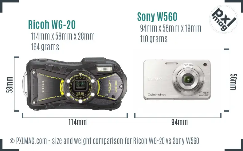 Ricoh WG-20 vs Sony W560 size comparison