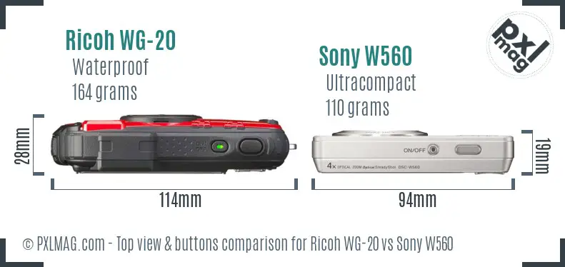 Ricoh WG-20 vs Sony W560 top view buttons comparison