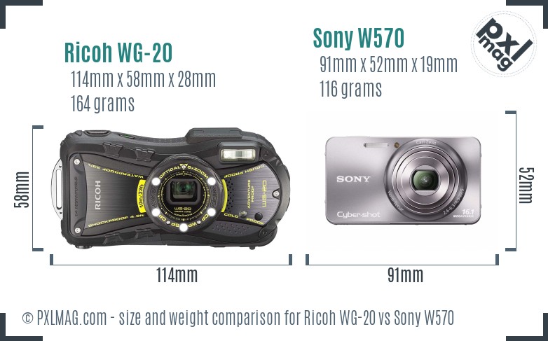 Ricoh WG-20 vs Sony W570 size comparison