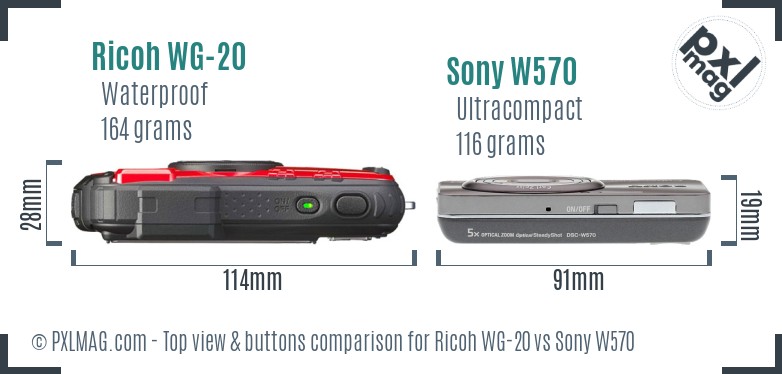 Ricoh WG-20 vs Sony W570 top view buttons comparison