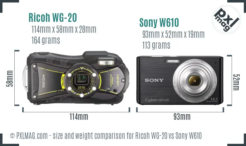 Ricoh WG-20 vs Sony W610 size comparison