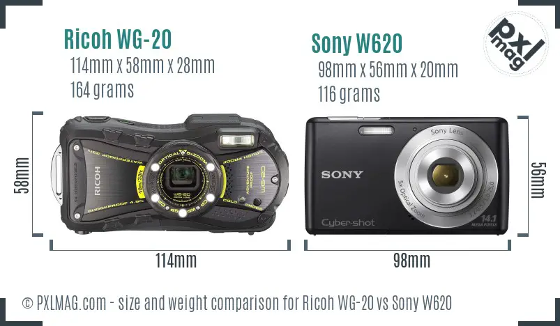 Ricoh WG-20 vs Sony W620 size comparison