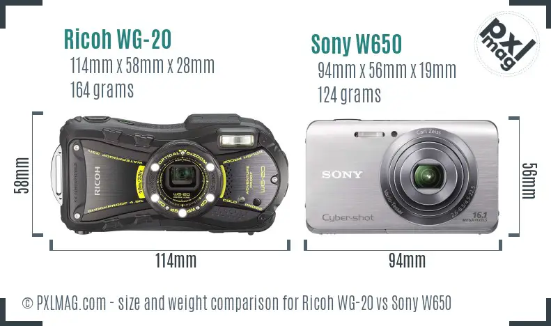 Ricoh WG-20 vs Sony W650 size comparison