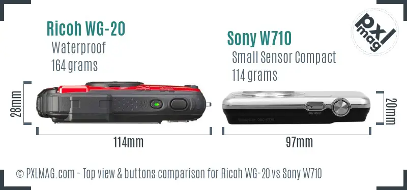 Ricoh WG-20 vs Sony W710 top view buttons comparison