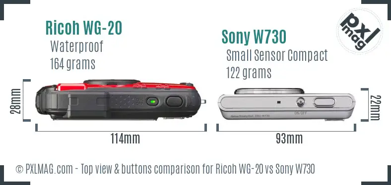Ricoh WG-20 vs Sony W730 top view buttons comparison