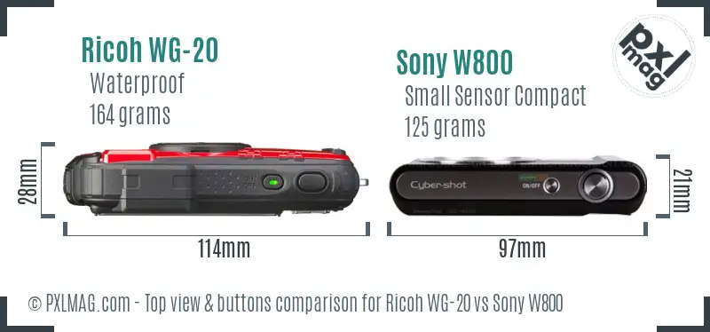 Ricoh WG-20 vs Sony W800 top view buttons comparison