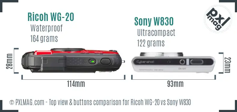 Ricoh WG-20 vs Sony W830 top view buttons comparison