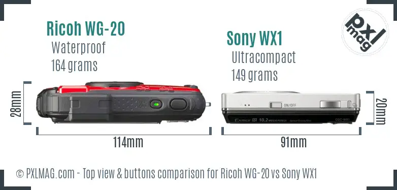 Ricoh WG-20 vs Sony WX1 top view buttons comparison