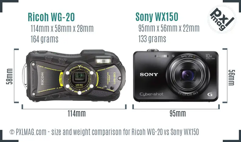 Ricoh WG-20 vs Sony WX150 size comparison