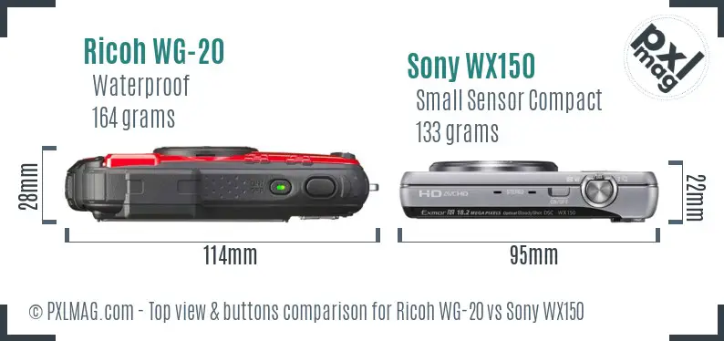 Ricoh WG-20 vs Sony WX150 top view buttons comparison