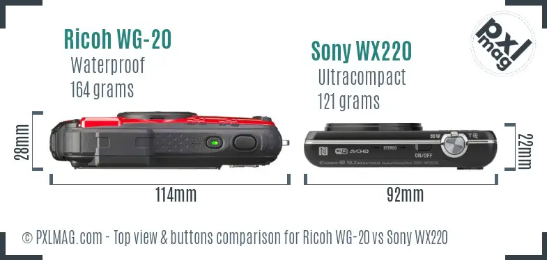 Ricoh WG-20 vs Sony WX220 top view buttons comparison