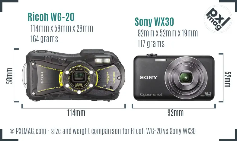 Ricoh WG-20 vs Sony WX30 size comparison