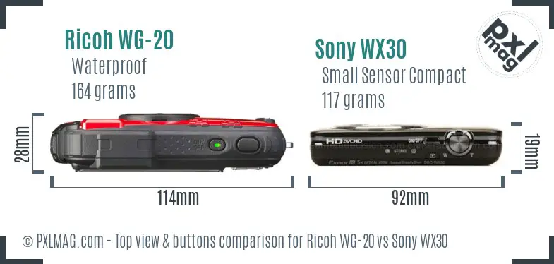 Ricoh WG-20 vs Sony WX30 top view buttons comparison