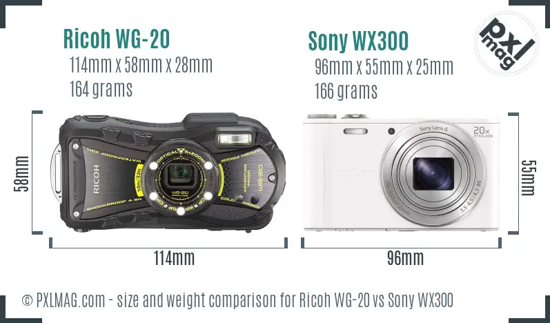 Ricoh WG-20 vs Sony WX300 size comparison