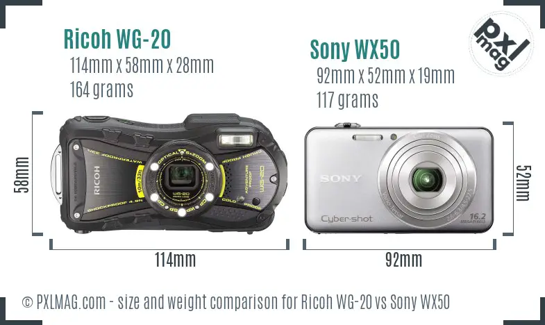Ricoh WG-20 vs Sony WX50 size comparison