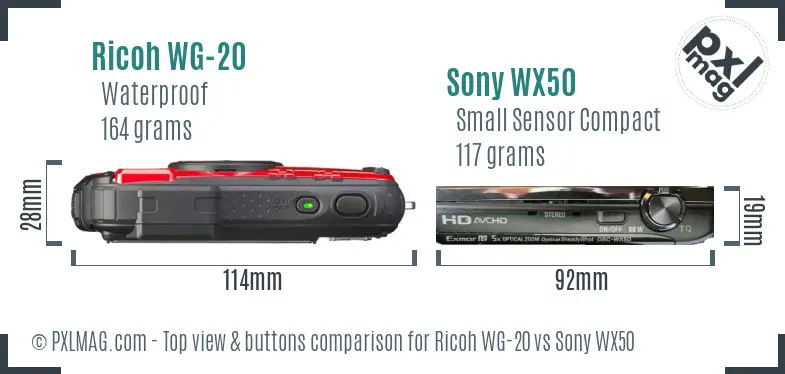 Ricoh WG-20 vs Sony WX50 top view buttons comparison