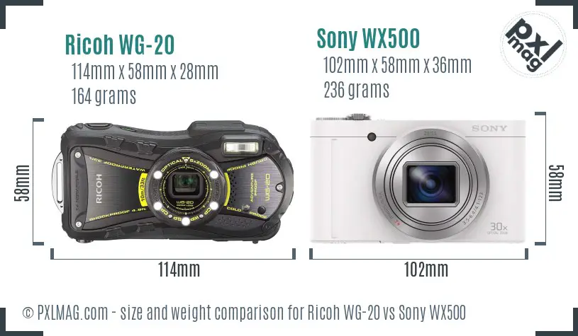 Ricoh WG-20 vs Sony WX500 size comparison