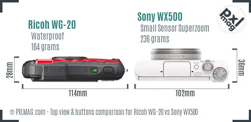 Ricoh WG-20 vs Sony WX500 top view buttons comparison