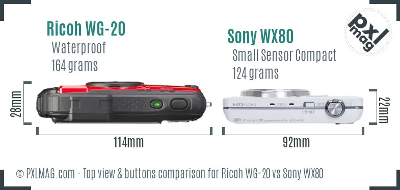 Ricoh WG-20 vs Sony WX80 top view buttons comparison