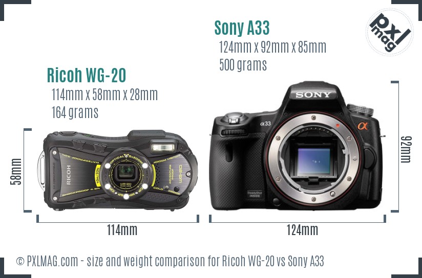 Ricoh WG-20 vs Sony A33 size comparison