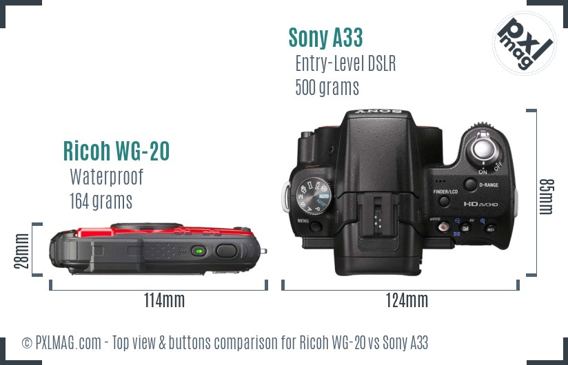 Ricoh WG-20 vs Sony A33 top view buttons comparison