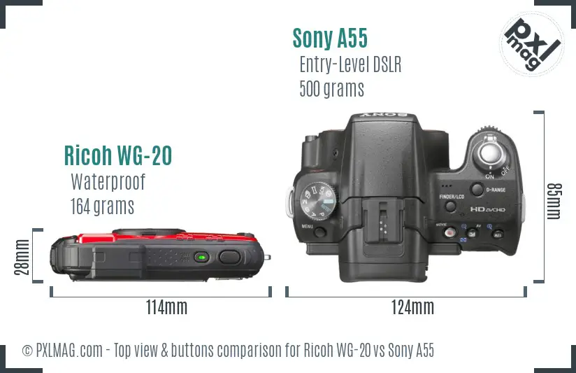 Ricoh WG-20 vs Sony A55 top view buttons comparison