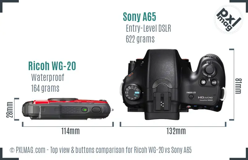 Ricoh WG-20 vs Sony A65 top view buttons comparison