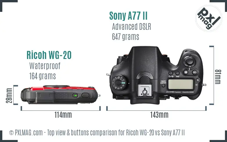 Ricoh WG-20 vs Sony A77 II top view buttons comparison