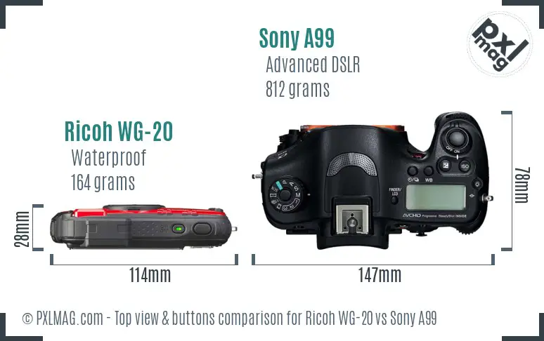 Ricoh WG-20 vs Sony A99 top view buttons comparison