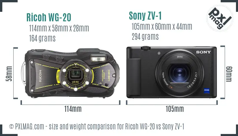 Ricoh WG-20 vs Sony ZV-1 size comparison