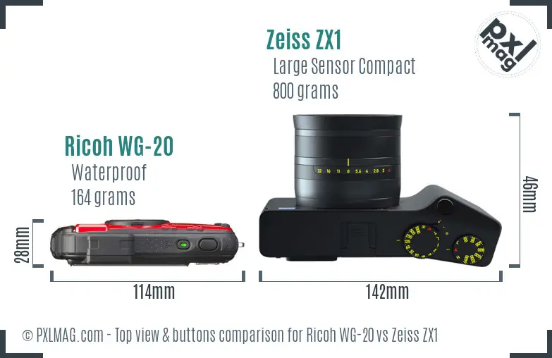 Ricoh WG-20 vs Zeiss ZX1 top view buttons comparison