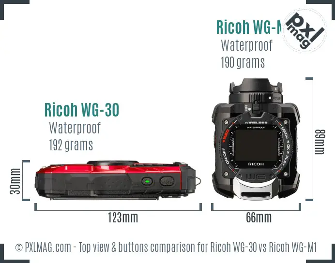 Ricoh WG-30 vs Ricoh WG-M1 top view buttons comparison