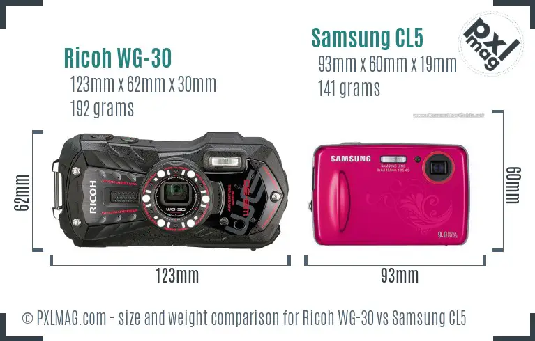 Ricoh WG-30 vs Samsung CL5 size comparison